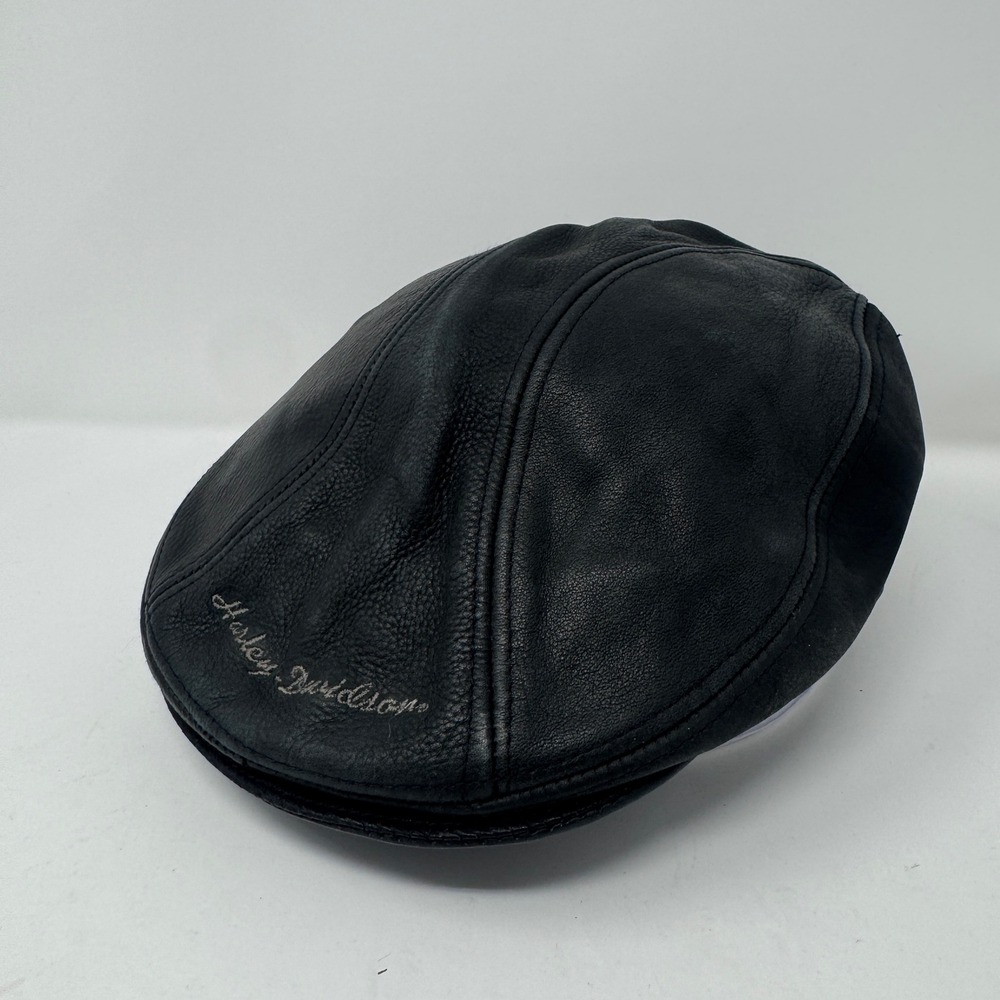 Harley Davidson Mens Leather Ivy Cap Size S/M Black Preowned Embroidered Logo
